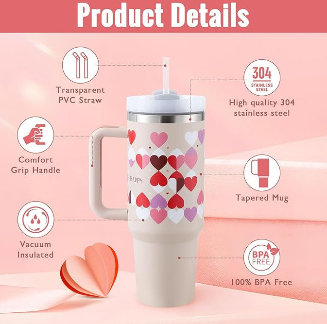 40 Oz Tumbler With Handle Straw Insulated, Stainless Steel Spill Proof Vacuum Coffee Cup Tumbler With Lid Tapered Mug Gifts For Valentine Lover Suitable For Car Gym Office Travel - Rox International